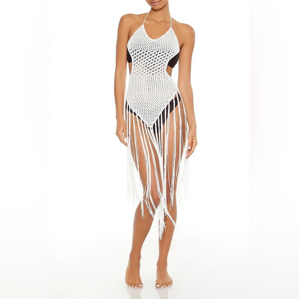 Crochet Tie-Back Fringe Swim Cover-Up Midi Dress - Size Large - NWT